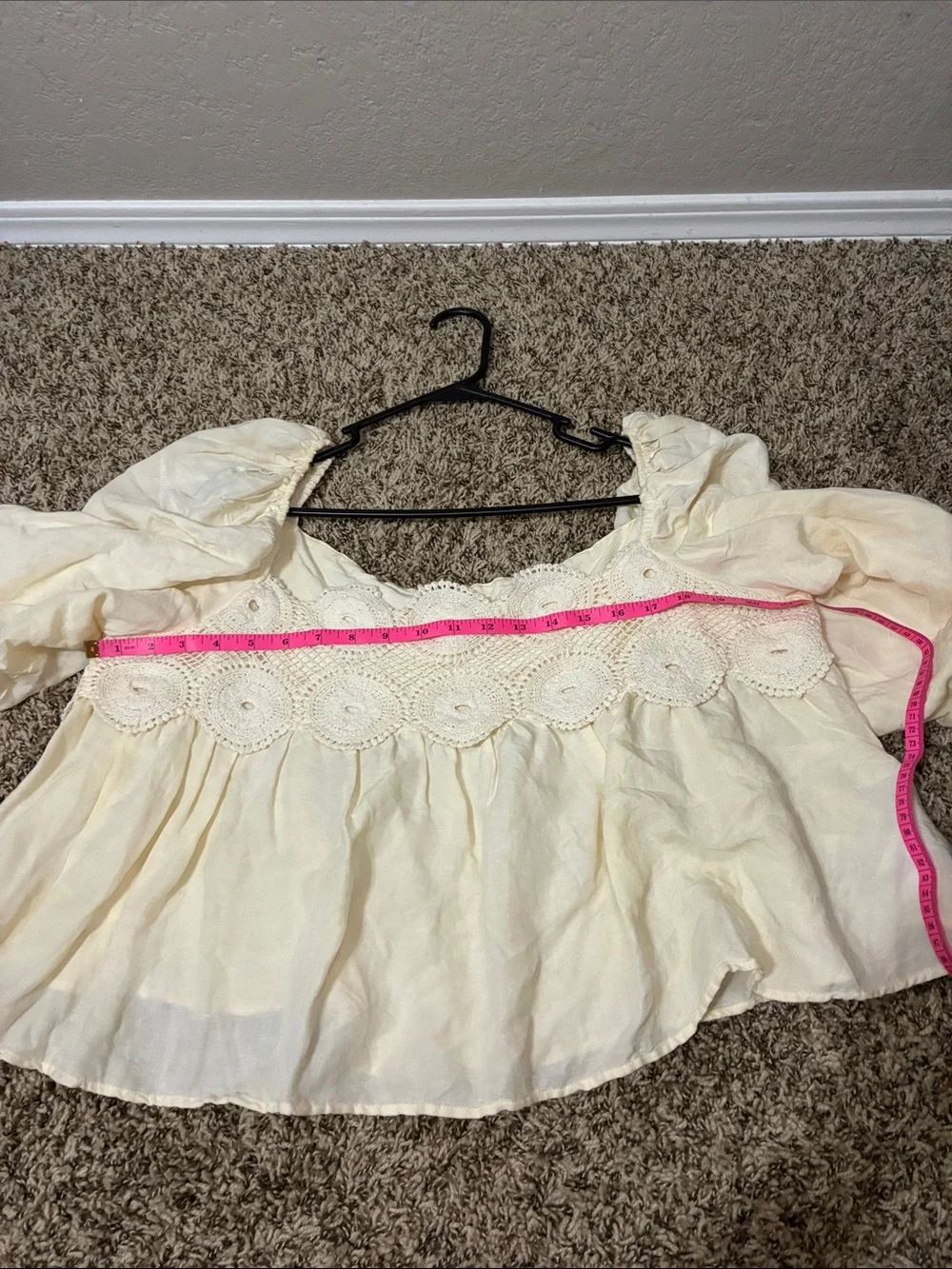 Anthropologie Cream Crochet Yoke Puff Sleeve Top